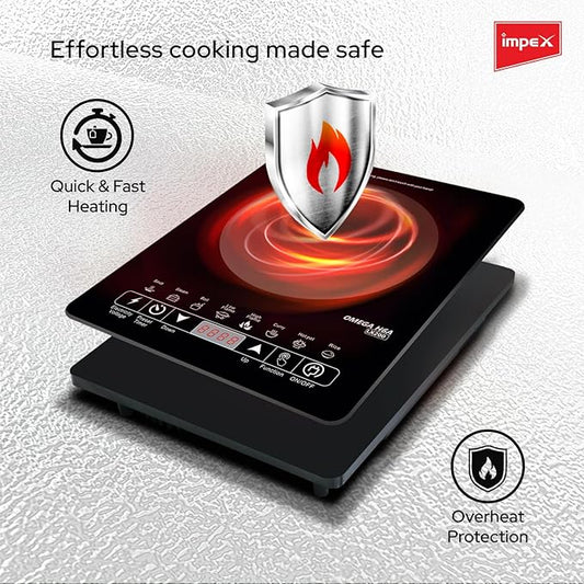 Impex 2000 Watt Induction Cooktop With Full Touch Control And 8 Cooking Modes|Overheat Protection With 24 Hr Preset Timer|Crystalline Glass Top Material|4 Digit Led Display|1 Year Warranty,Black