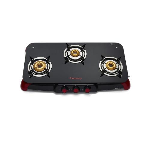 Butterfly Signature Glass Top 3 Burner Gas Stove, Manual Ignition, Black/Red