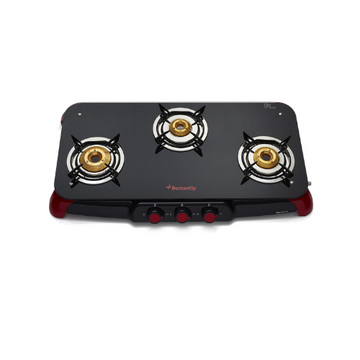 Butterfly Signature Glass Top 3 Burner Gas Stove, Manual Ignition, Black/Red